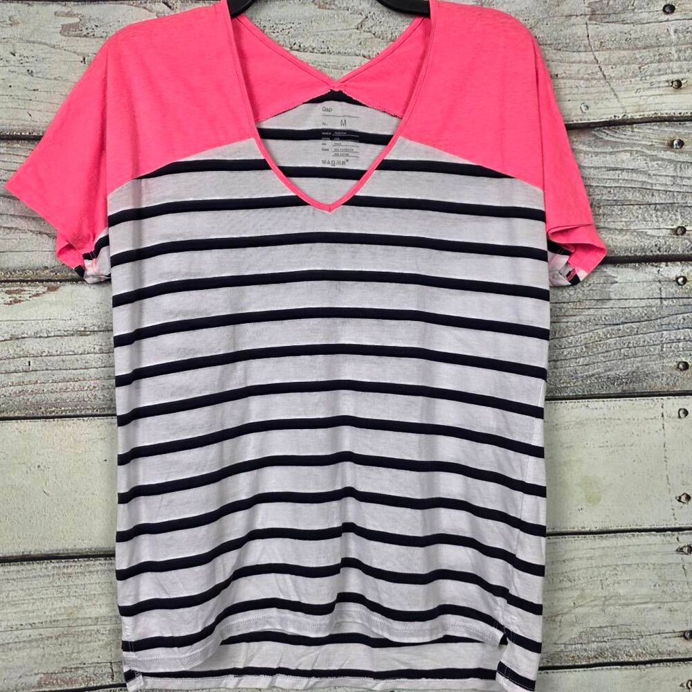 Gap Womens Striped Colorblock V Neck Tee Pink Gray M